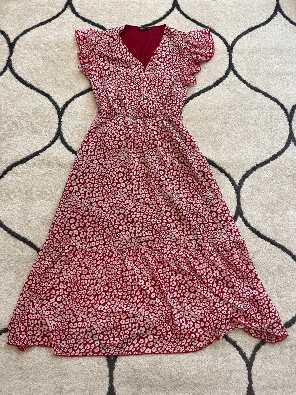 Red Floral V-Neck Maxi Dress with Flutter Sleeves